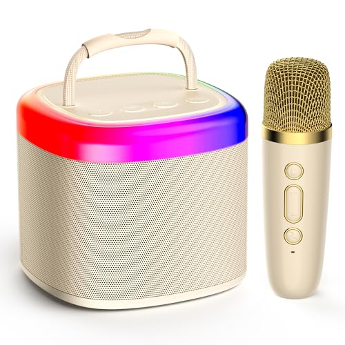 JYX Mini Karaoke Machine - Beige Bluetooth Speaker with Party Lights and 1 Wireless Microphone, Great for Kids and Adults, Ideal for Family Home Parties and Birthday