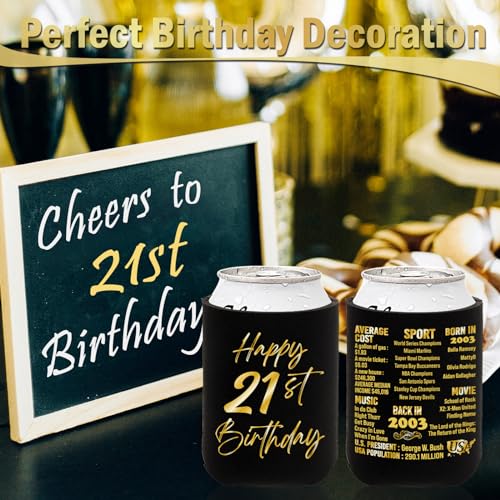 BackURyear 21st Birthday Decorations for Him Her, Birthday Decor for 21 Years Old Boy Girl, 21st Birthday Supplies for Women Men, Back in 2003-21st Birthday Can Cooler Sleeves- 12Pcs Black&Gold