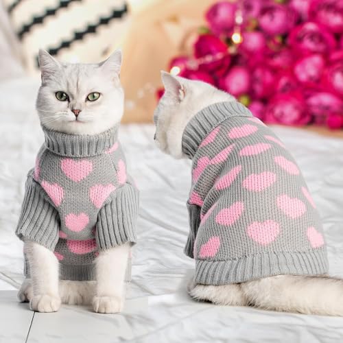 KOOLTAIL Cat Sweater Turtleneck- Soft Knit Cat Sweaters for Cats Only, Heart Love Pattern Thick Warm Cold Weather Clothes, Valentine's Day Pet Outfit for Small Medium Large Size Kitten Puppy Grey S