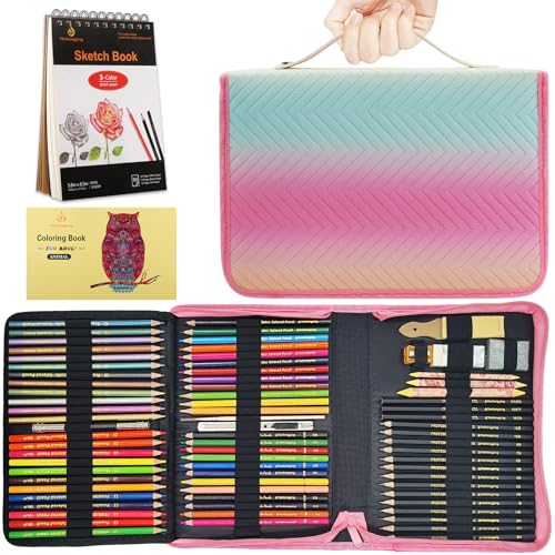 78pcs Drawing Kit Sketching Set Art Supplies with 3-Color Sketchbook Colorful Portable Case Colored Graphite Charcoal Watercolor Mettallic Pencil sketch draw gift set for Artist Adult Beginner