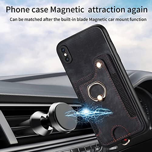 Phone Case for iPhone Xs Max Wallet Cover with Tempered Glass Screen Protector and Wrist Strap Lanyard RFID Credit Card Holder Ring Stand i X XR Xsmax 10x SX Xmax 10xs 10s 10 Plus Xmaxs Women Black