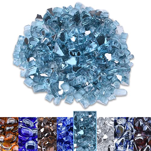 GasSaf 1/2 Inch Fire Glass Reflective Tempered Fireglass Cut Crushed FireGlass for Fire Pit, Fireplace and fire Pit Table (10 Pound)(Caribbean Blue Reflective).