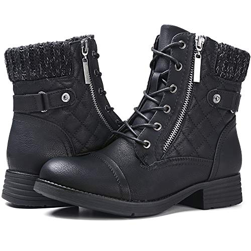 STQ Womens Round Toe Military Lace up Knit Ankle Cuff Low Heel Combat Boots Black 5.5