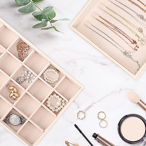 Voova Stackable Jewelry Organizer Tray with Lid, PU Leather Jewelry Storage Holder for Drawer Inserts, Jewellery Display Box Case for Earring Necklace Ring Watch Bracelet (Set of 4, Apricot)