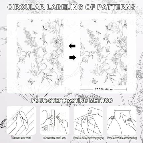 Amiya Black and White Floral Wallpaper Peel and Stick Removable Birds Contact Paper Bedroom 17.3” X 80” Vinyl Self Adhesive Sketch Wall Paper for Cabinets Shelf Liner Living Room Decoration