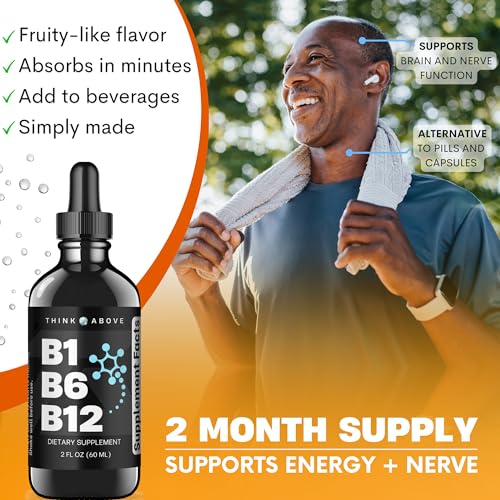 B1 B6 B12 Vitamin Liquid Drops - Nerve, Energy, Brain Support Supplement - Fruity-Like Flavor - Methylcobalamin, Thiamine, Pyridoxine - 60 Day Supply - 2 oz - for Men and Women - Simply Made