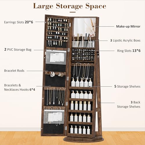 TJYGO Full-Length Mirror Jewelry Armoire, Lockable Jewelry Cabinet Standing with Inside Makeup Mirror, Jewelry Storage with Back Storage Shelves, Brown