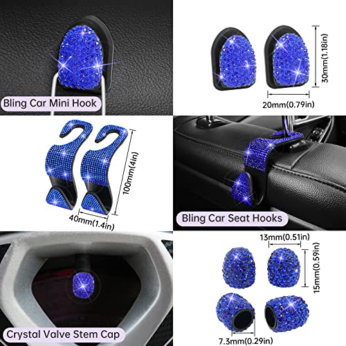ARTILAURA 19 Pack Bling Car Accessories for Women Steering Wheel Seat Belt Gear Shift Cover Phone Holder Cup Coasters Cute AUTO Accessories Kit (Blue)