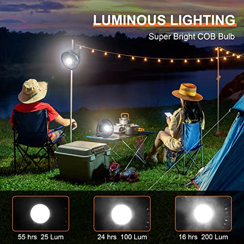 Odoland Camping Fan with LED Lantern, Rechargeable Battery Operated Fan with Hang Hook, Portable Camp Tent Fan, USB Table Fan with Light for Outages Hurricane Emergency