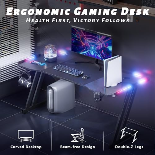 HLDIRECT 47 Inch Gaming Desk with LED Lights Carbon Fibre Surface Gaming Table Large Computer Desk Ergonomic Home Office Desks Z Shaped PC Gamer Workstations with Cup Holder & Headphone Hook