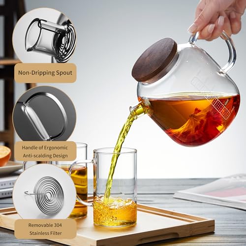 Glass Teapot with Infuser and Lid 40.6 fl oz, Stovetop Gas Safe, Thickened Heat Resistant Borosilicate Glass Tea Kettle