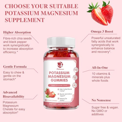 Magnesium Potassium Supplement Gummies - New Formula Calm Magnesium Glycinate Gummies 500 mg & Potassium Citrate 200 mg Plus Omega 3, B6, D3, K2 & Calcium for Zzz, Leg Cramps & Muscle - 120 Gummies