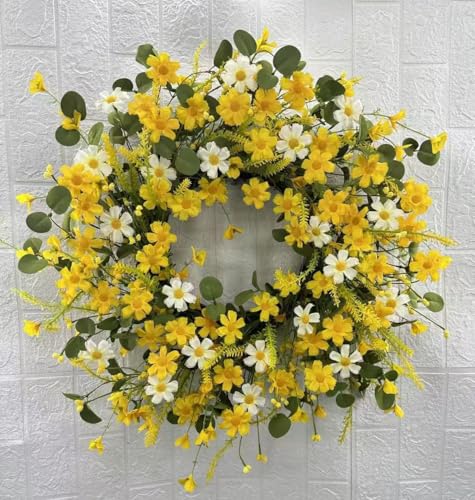 LSKYTOP 24Inches Artificial Daisy Flower Wreath with Eucalyptus Green Leave Spring Summer Wreath for Front Door Wall Decor