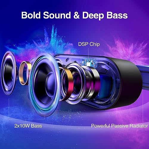 Rythflo Bluetooth Speakers, [Blod Bass & Dynamic Lights] Portable Wireless Speaker with 20W Powerful Sound, 24Hrs Playtime, Build-in MIC, IP66 Waterproof/Dustproof Blue Tooth Speaker