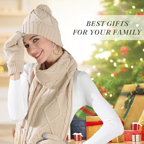 Hat Gloves Scarf Set for Women, Winter Beanie Warm Knit Pom Hat Touch Screen Glove Long Scarf 3pcs Winter Gift Set for Women