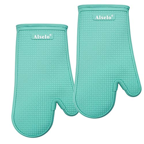 Alselo Oven Mitts Heat Resistant Silicone Kitchen Gloves for 550 Degrees with Waterproof and Non-Silp, Set of 2 Oven Gloves for Baking Cooking Barbecue Microwave Machine Washable (Blue, 2)