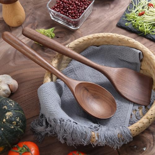 MornHalo 2PCS Acacia Wooden Spoons For Cooking 12-inch Smooth Finish Spatula Spoon And Cooking Spoons-Comfortable Grip Wood Spoons for Cooking - Non-Stick Wooden Cooking Utensils