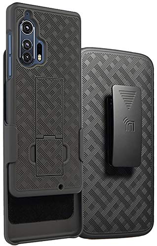 Case with Clip for Motorola Edge Plus, Nakedcellphone [Black Tread] Kickstand Cover with [Rotating/Ratchet] Belt Hip Holster Combo for Moto Edge+ (2020, XT2061)