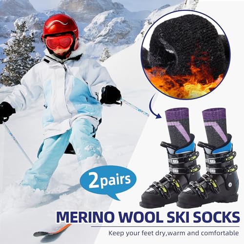 Kids Ski Socks Merino Wool Winter Warm Thermal Hiking Snowboarding Knee High Heavy Boot Socks for Toddler Boys Girls 2 Pairs(Black/Grey, 4-7 Years)