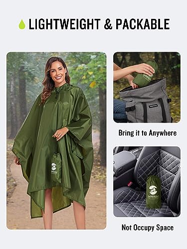 SaphiRose Hooded Rain Poncho Waterproof Raincoat Jacket for Men Women Adults (Army Green)