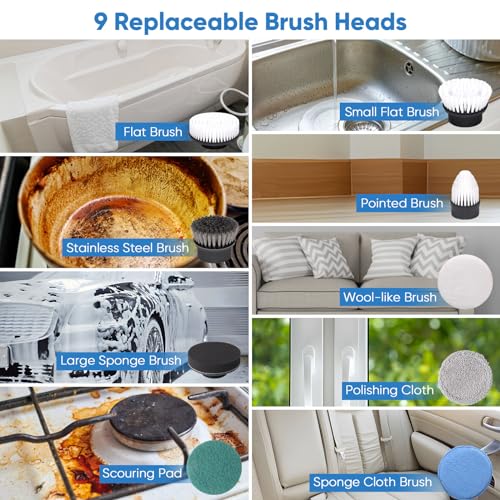 Electric Spin Scrubber, IPX8 Cordless Cleaning Brush, Bathroom Scrubber Electric with 9 Replaceable Brush Heads, Power Shower Scrubber with Long Handle 2 Adjustable Speed for Clean Tub Kitchen Floor