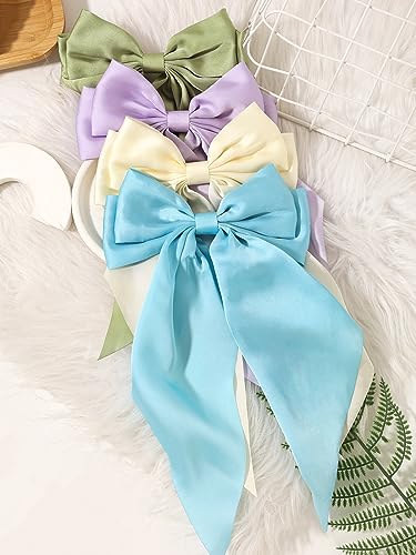 Furling Pompoms Hair Bows Clips for Women,White Bows Clip for Hair Green Bows Hair Barrette Spring Clips Long Tail Alligator Clips Bow Hair Accessories 2pcs