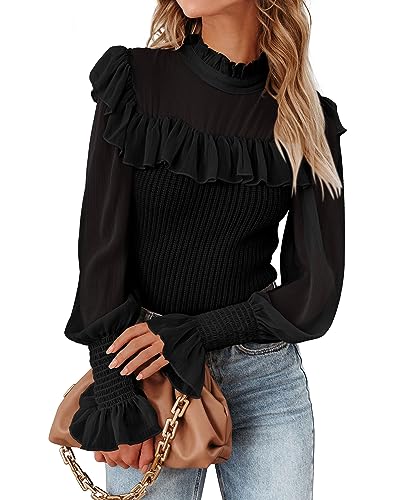 KIRUNDO Women Fall Sweaters 2024 Trendy Elegant Sheer Long Sleeve Ruffle Mock Neck Sweater Shirt Business Casual Knit Tops(Black, Small)