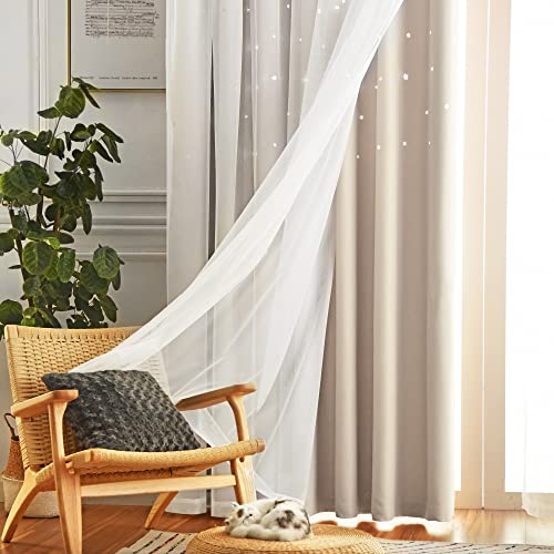 Loyala Star Curtains - Blackout & Rainbow Kids Bedroom Curtains, 63 Inch Long, 2 Panels, Beige, Blue & Pink