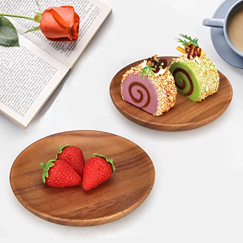 2 Pcs Small Wooden Dessert Plates for Eating Acacia Wood Snack Appetizer Plate 6 inch Mini Cute Salad Dinner Plates Reusable Round Non Toxic Platos Saucer Plate for Food Flat Picnic Serving Dishes