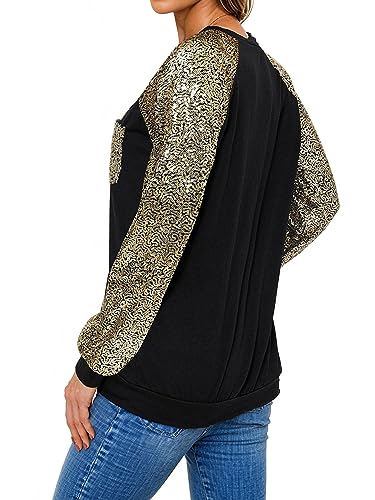 Ezcosplay Women Sparkling Sequins Tops Long Raglan Sleeves Glitter Shirt Sparkle Dressy Party Club Blouses Gold