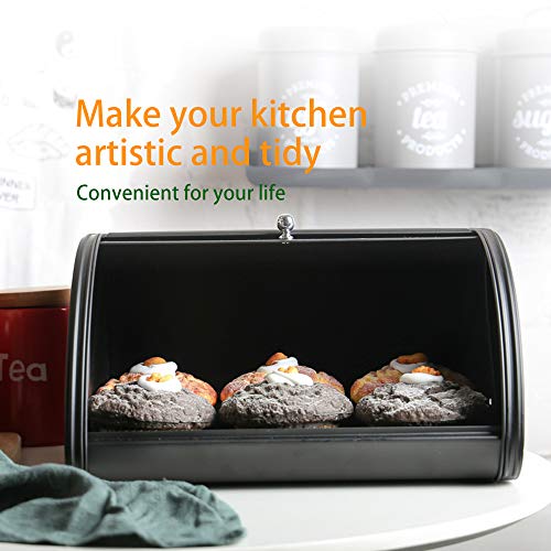 Home by Jackie Inc X458 Black Metal Bread Box/Bin/kitchen Storage Containers with Roll Top Lid (Black)