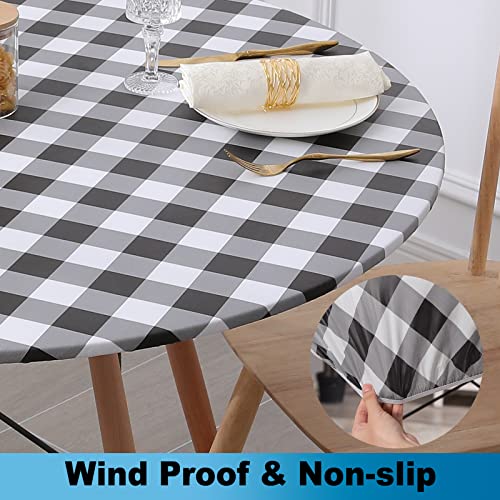 Smiry Round Picnic Table Cloth, Elastic Waterproof Fitted Vinyl Tablecloth for 45"-56" Tables, Flannel Backed Buffalo Plaid Table Covers for Dining, Camping, Outdoor, White and Yellow