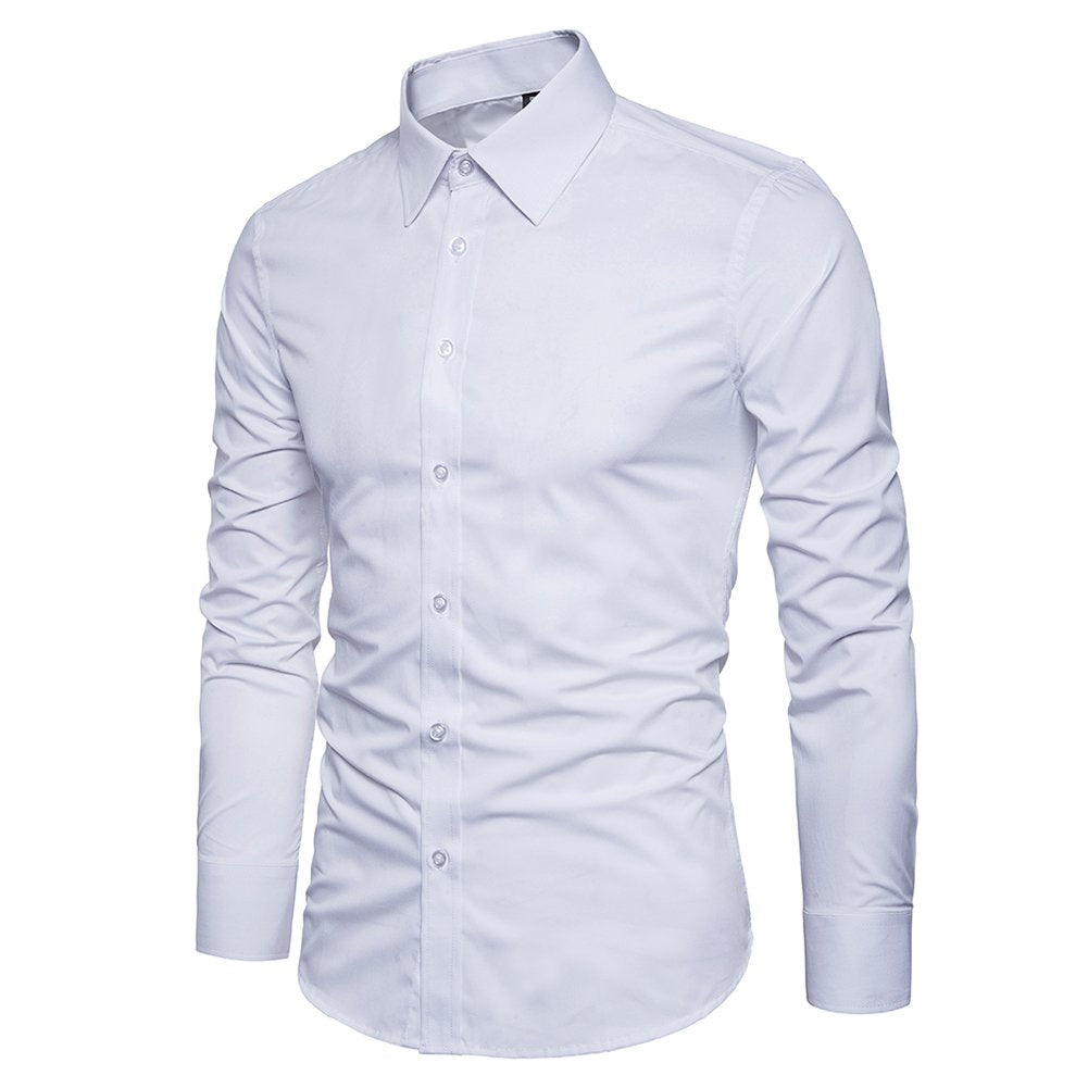 Manwan walk Men's Slim Fit Business Casual Cotton Long Sleeves Solid Button Down Dress Shirts (Medium, White)