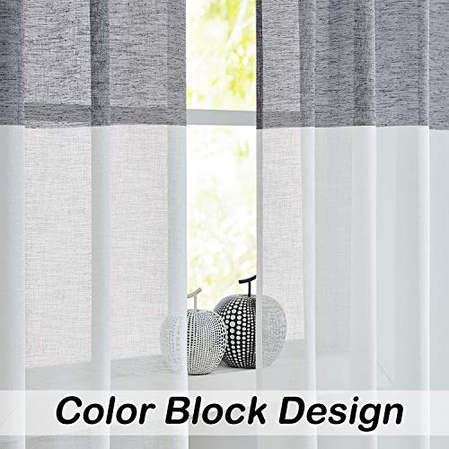 Central Park Black and White Stripe Sheer Color Block Window Curtain Panel Linen Drape Treatment for Bedroom Living Room Farmhouse 84 inches Long with Rod Pocket,2 Panel Rustic Living Panels