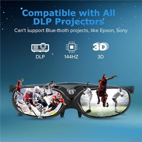 BOBLOV DLP Link 3D Glasses, 144Hz Rechargeable Active Shutter Eyewear Compatiable with Optoma, BenQ, Acer, ViewSonic, Vivitek, Panasonic, Dell, Other DLP-Link 3D Projectors (Black - 4Pack)