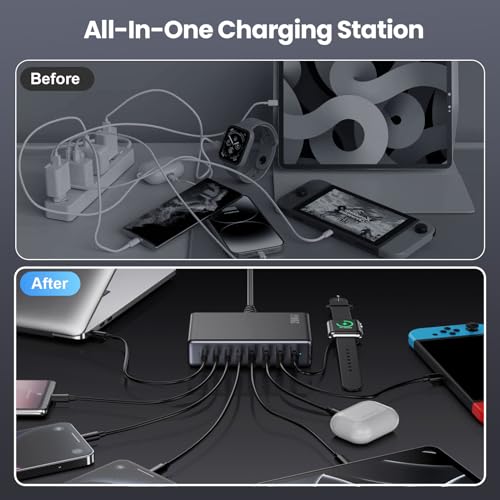 200W USB C Charger Block,GaN III 8-Ports USB C Charger,QC4.0 Fast Phone Charging Station Hub+PD 65W USB C Laptop Charger Adapter Compatible with MacBook Pro/Air,DELL,iPhone 15/14,iPad,Steam Deck-Black