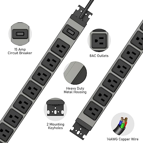JUNNUJ Heavy Duty Power Strip Wall Mount, 15 Amp Surge Protector 1200J Metal 8 Outlet Under Desk Mounted 15A, Garage Power Bar Table Socket Industrial Outlets, 6FT 14AWG Extension Cord