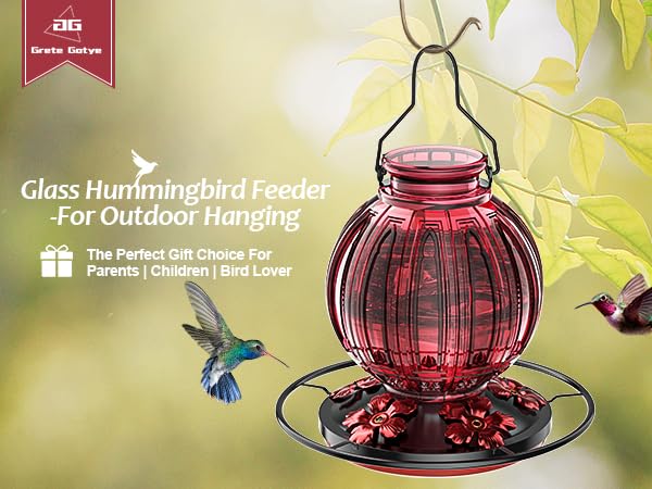 2 Pack Glass Hummingbird Feeder for Outdoors Hanging, Bird Nectar Feeder with Perch & 5 Flower Feeding Ports, 26 Oz Leak Proof for Outside Garden Decor Backyard, Gifts for Women Mom, Green Blue