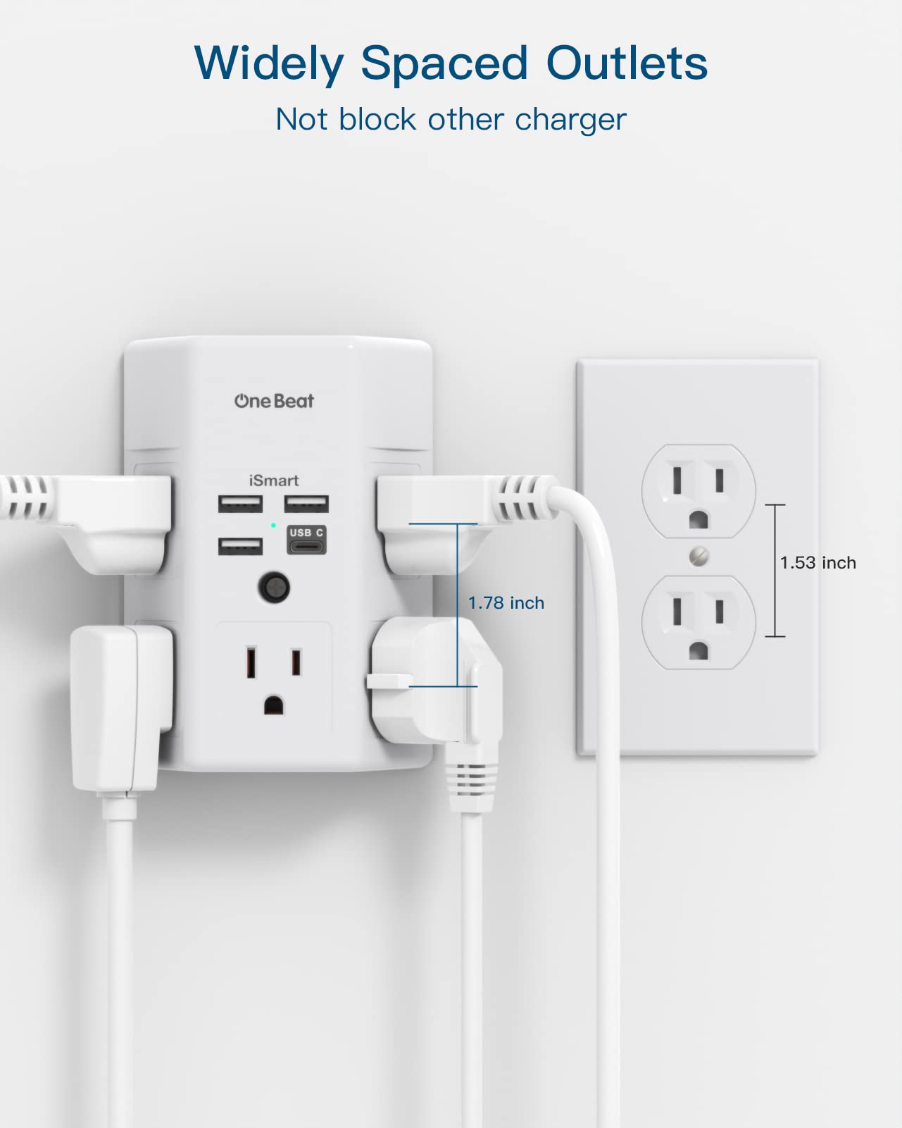 Surge Protector, 5 Outlets Extender with 4 USB Ports(USB C), 3-Side 1800J Power Strip Multi Plug Outlet Expander, Charger, Outlet Splitter Adapter Wall Mount for Home Travel Office ETL Listed