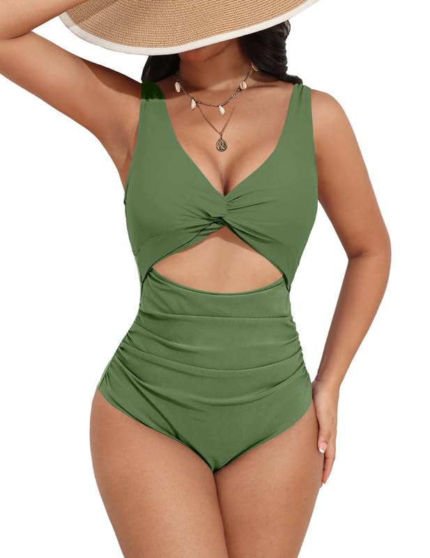 AI'MAGE Women's One Piece Swimsuit High Waisted Bathing Suit Cutout Monokini V Neck Swimwear, Red, Medium