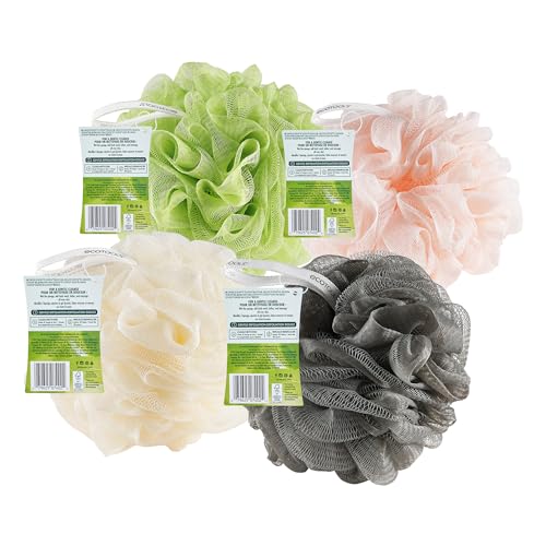 EcoTools Delicate EcoPouf 4 Pack, Loofah Sponge for Bath & Shower, Recycled Netting, Gentle Exfoliation, Pouf for Body Wash, Eco-Friendly Bath Accessory, Cruelty-Free, Color May Vary, (60g Each)