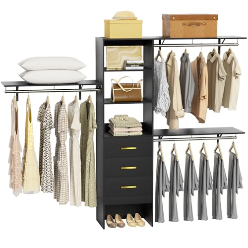 LOVMOR Built-in/Walk-in Closet System 8ft with Drawers and Shelves, 96inch Customizable Organizers and Storage Systems, Wall Mounted Wardrobe for Clothes Organization W/Expandable Rod