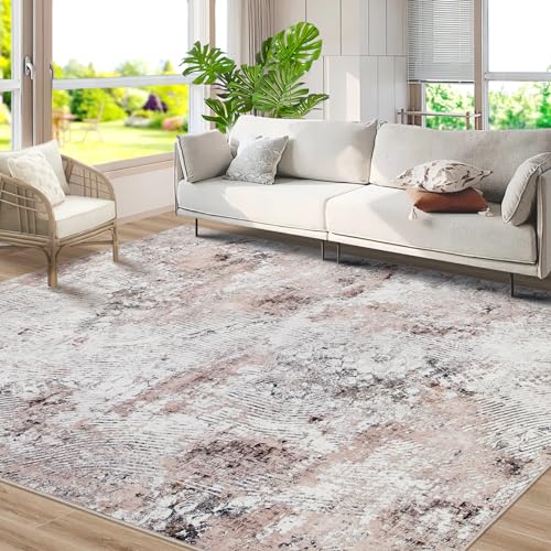 Modern Abstract Area Rug 9x12 Large Soft Machine Washable Rug Non-Slip Living Room Rug Stain Resistance Low Pile Accent Indoor Floor Carpet for Bedroom Dining Room Office Nursery (BeigePink, 9'x12')