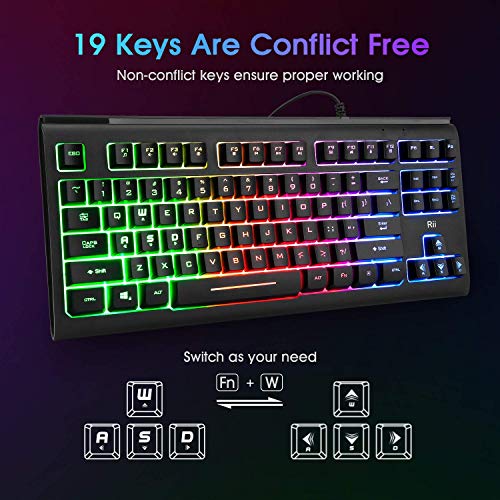 Rii Gaming Keyboard,87-Keys RGB Backlit Compact Keyboard,Silent Computer Keyboard,USB Wired Keyboard for Laptop,PC,Windows,Mac