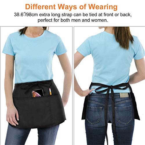3 Pack Waist Apron - Server Aprons With 3 Pockets - Water & Oil Resistant Waitress Apron - Black Half Aprons for Women Servers - 12 Inch
