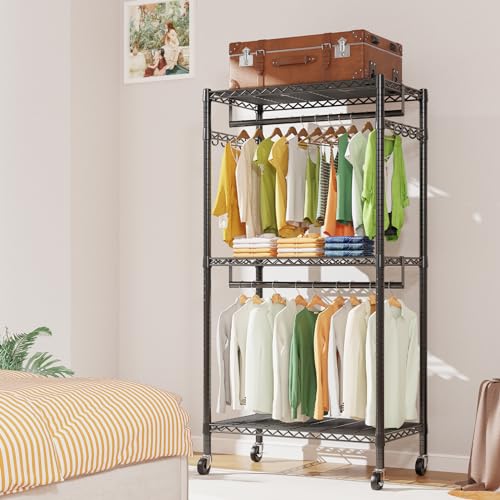 LEHOM G1L 3 Tiers Garment Rack with Storage Shelves, Heavy Duty Rolling Free-Standing Clothing Rack Closet Organizer with Double Rods/Lockable Wheels & 2 Pairs Side Hooks, Max Load 450 LBS, Black