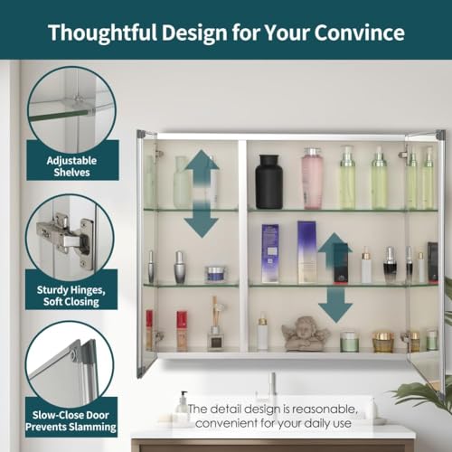 Double Doors Medicine Cabinet with Mirror, 30 inch X 26 inch Aluminum Bathroom Medicine Cabinet, Adjustable Glass Shelves, Waterproof and Rust-Resist, Recess or Surface Mount Installation,Silver