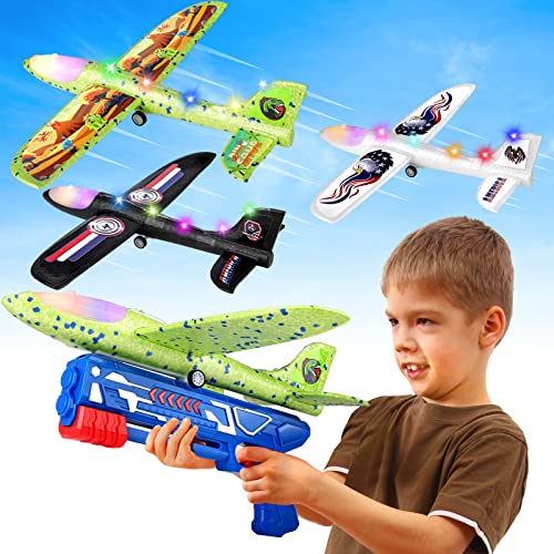 3 Pack Foam Airplane Launcher Toy with 3 DIY Stickers, 12.6" LED Airplane Toy, Catapult Plane Boy Toys, Outdoor Flying Toys for Kids Birthday Gifts for 4 5 6 7 8 9 10 11 12 Year Old Boys Girls