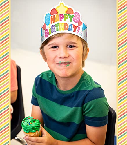 Carson Dellosa 30-Piece Paper Birthday Crowns for Kids, Colorful Classroom and Party Supplies, Happy Party Hats