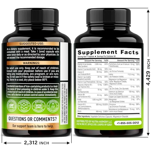 Bariatric Multivitamin - 45 mg Iron Supplements - Made in USA - for Women & Men - All-in-One, 21 Essential Vitamins - Gastric Sleeve Support - Free of Sugar, Gluten & Soy - 90 Capsules, Once Daily